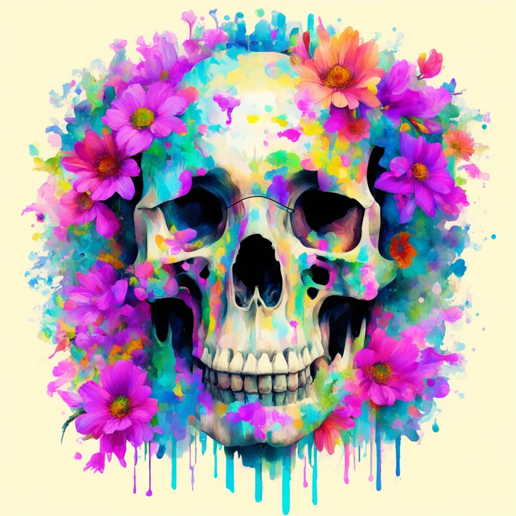 skull  made of data binary code2 by alfons mucha 2 heavily glitched layers of watercolours  flowers whirlwind  basquiat 