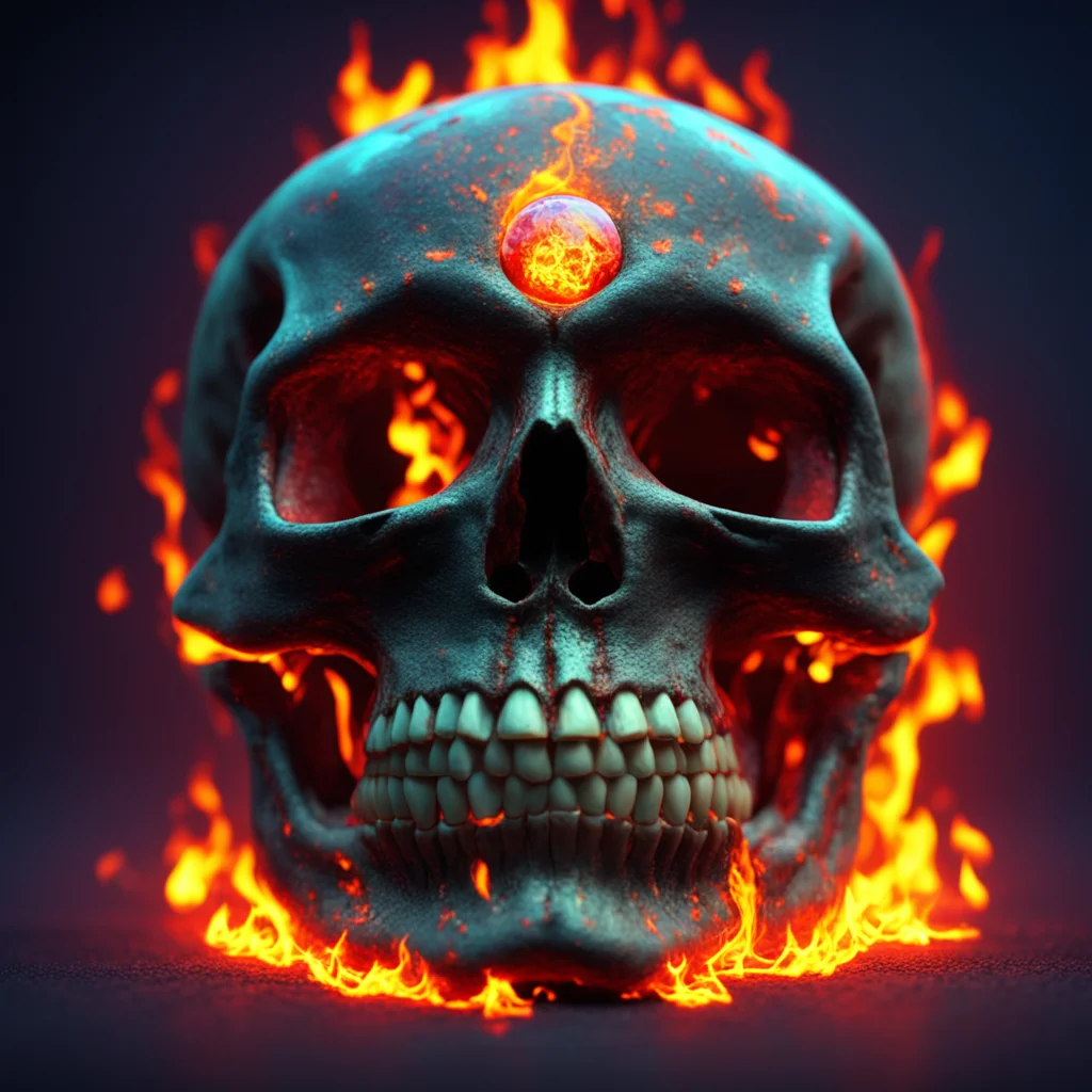 skull with earth as eyes and fire around themiridescent，uplight depth of field highly realistic redshift render