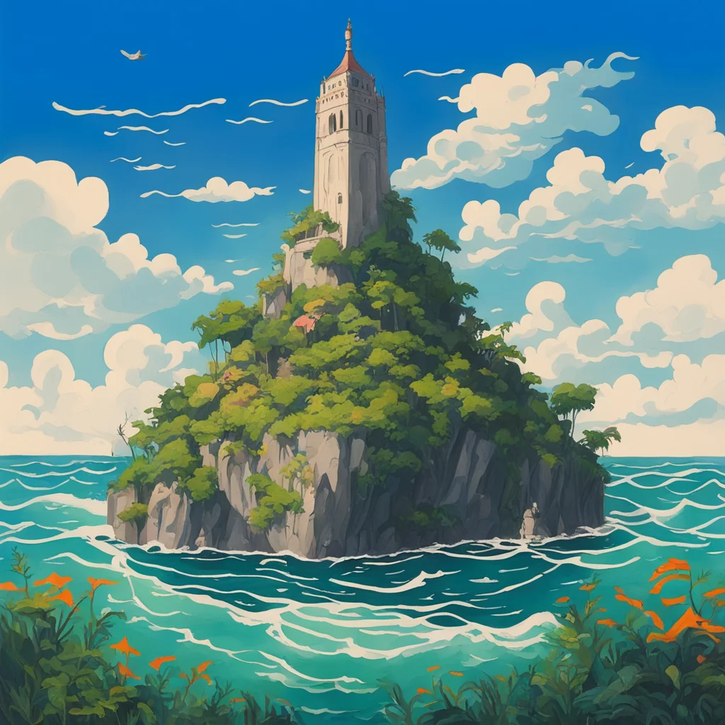 sleeping gods in the ocean are islands  overgrown  ocean  central tower  gouache ar 169