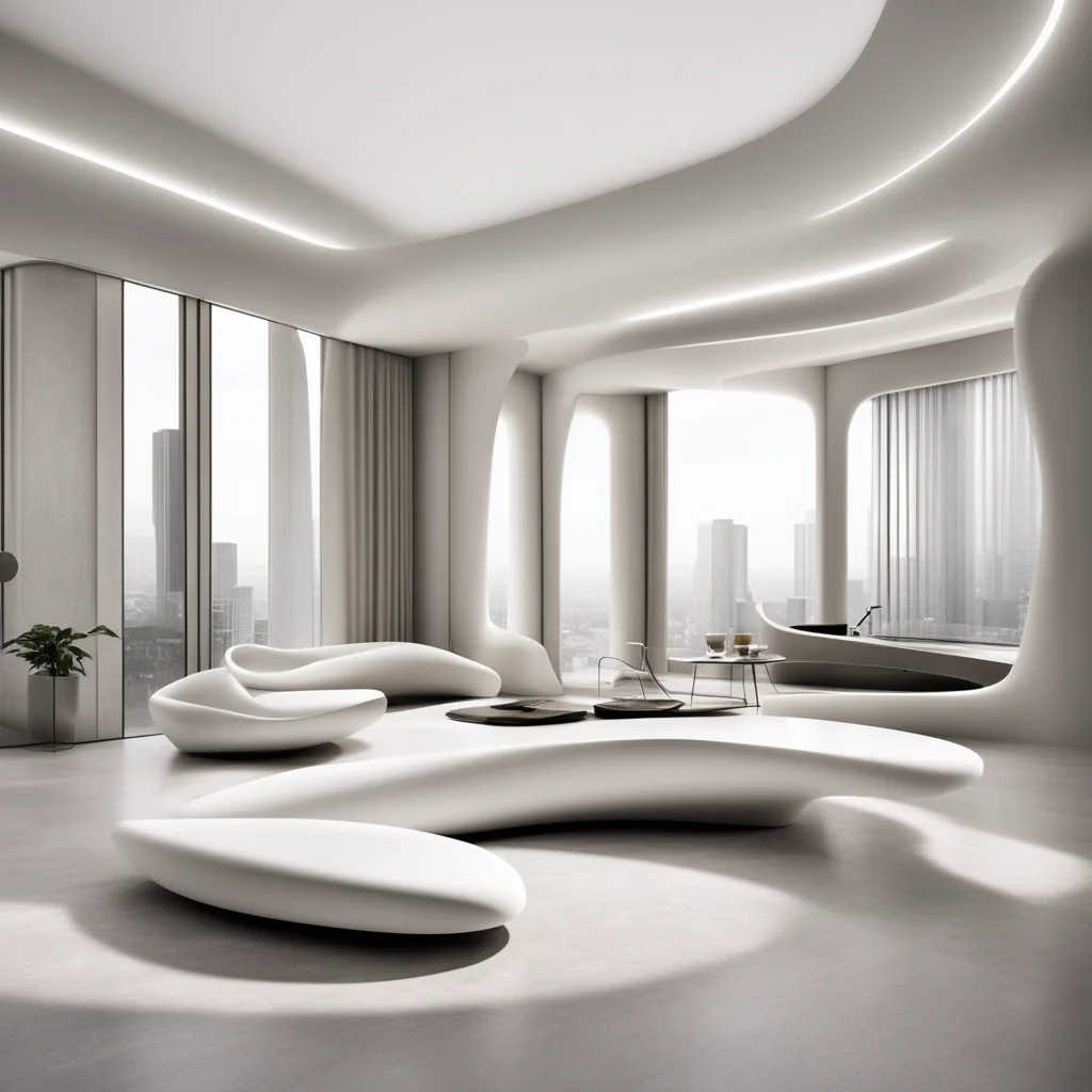 small architiectural coffee table in the style of zaha hadid in the center an elegent retrofuturistic apartment ar 169