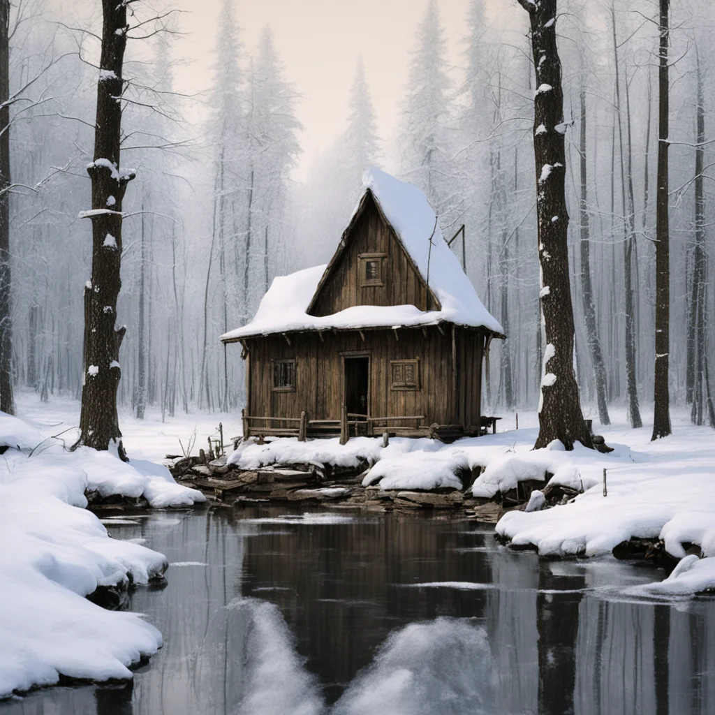 small gothic writers cabin with a dock on the edge of a frozen lake surrounded by a snowy forest richard schmidw 1024h 1