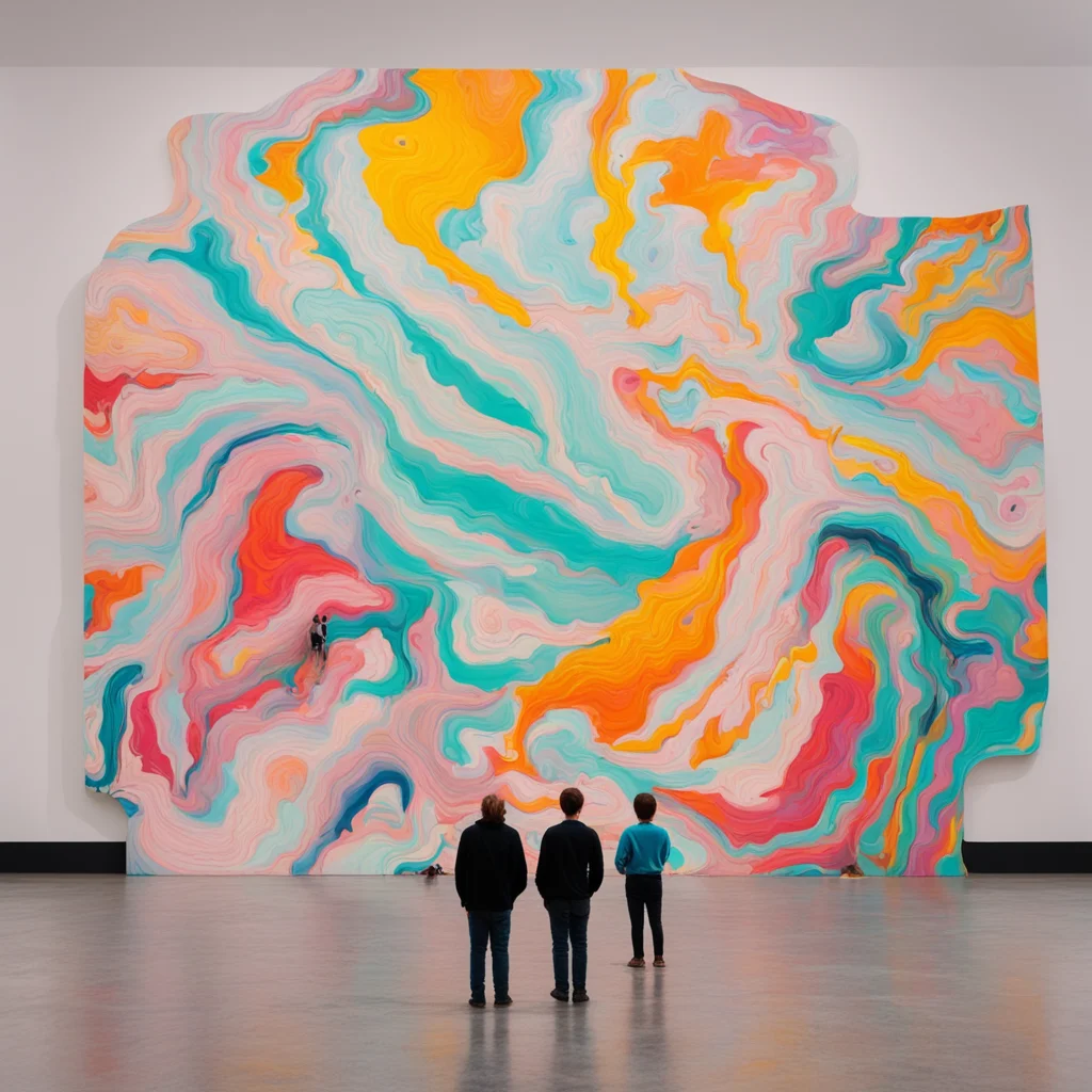 small people standing in front of a huge painting of graphic marbling
