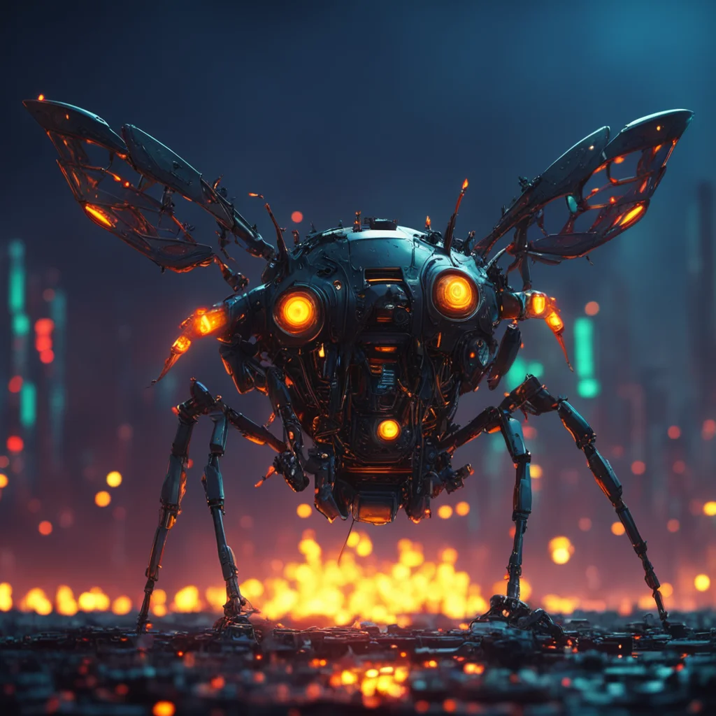 small robot insect with fire in abdomen ultra detailed night city background 8k render realistic concept art bandit sens