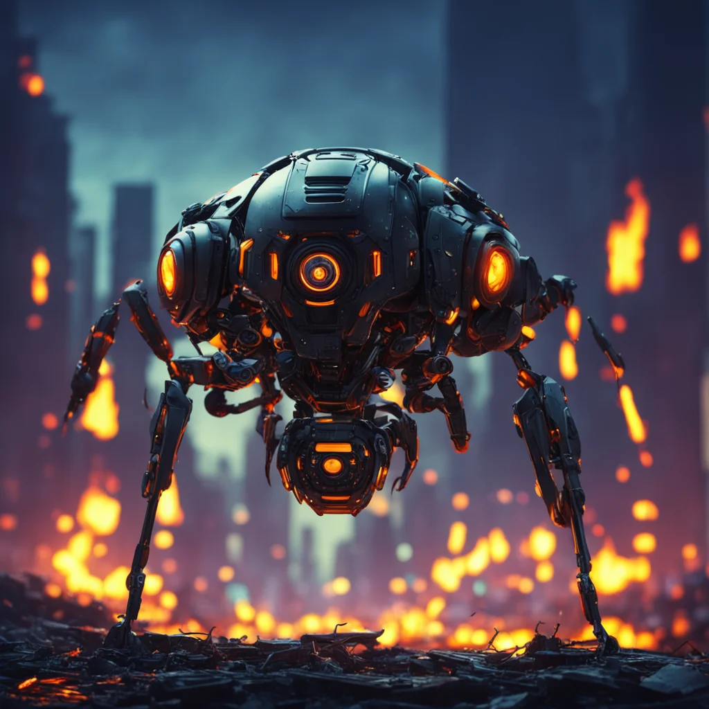 small robot insect with fire in abdomen ultra detailed night city background 8k render realistic concept art bandit sense of awe and scale in the art sty