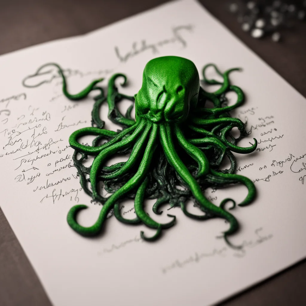 small scrap of paper wrinkled burnt edges photorealistic tentacles handwriting note that says Cthulhu Awakens 3d jewels 