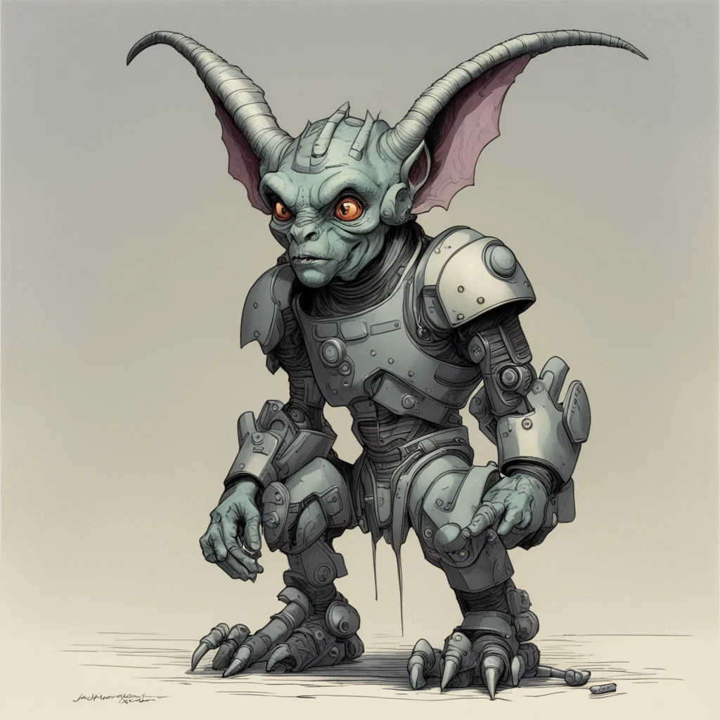 small skinny gargoyle goblin with horns wearing high tech science fiction computerized retro futuristic armor character 