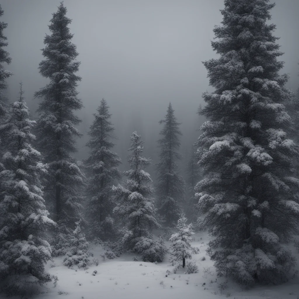 snowy pine tree forest with a depressing atmosphere trees covered in snow dark cold melancholy gritty extremely detailed snowing grey sky realistic 4K