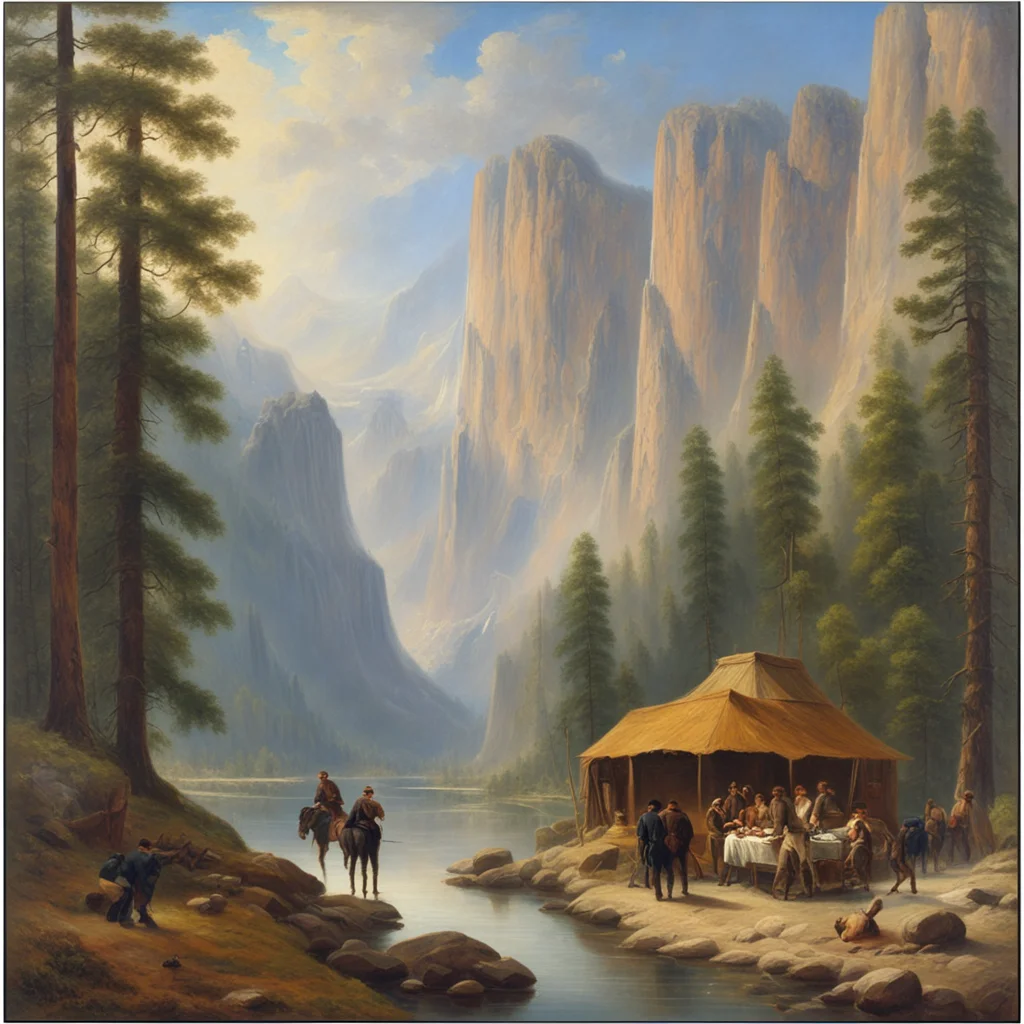 soldiers Albert Bierstadt hand painted oil painting Yosemite Valley above Merced River scenery splendor landscape mid ce