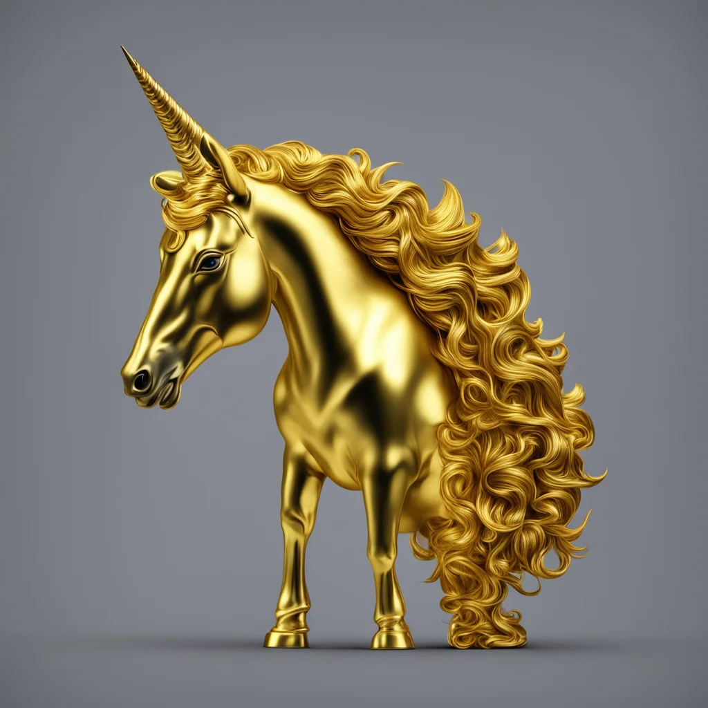 solid gold unicorn horse with a horn on its head symmetrical 8k