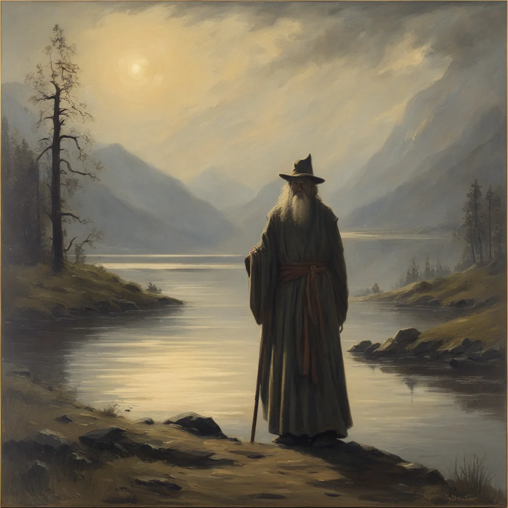 soviet Gandalf near the lake atmospheric dramatic by albert bierstad