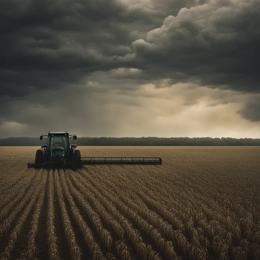 soybean field tractor combine in distance moody contemporary movie poster stormy sky highly detailed dark dusk intricate detail —ar 149