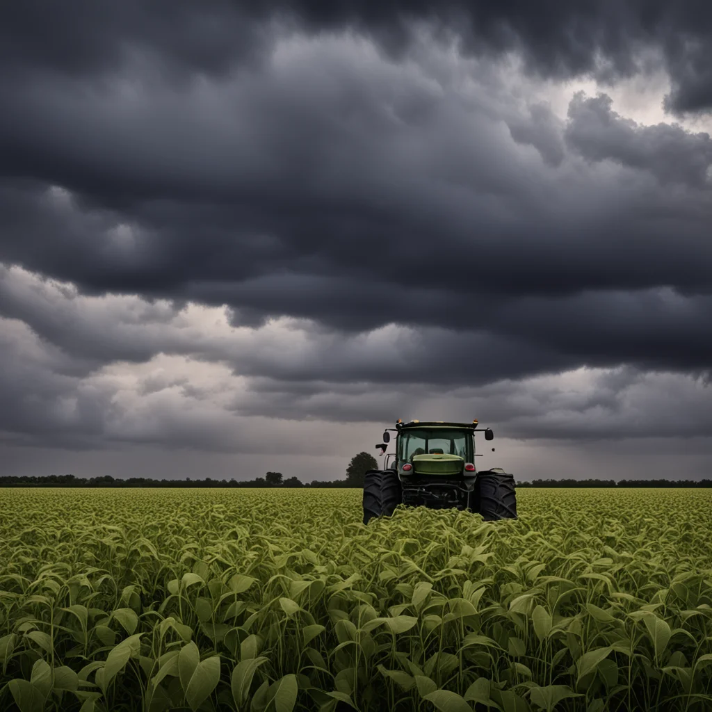 soybean field tractor combine in distance moody contemporary movie poster stormy sky highly detailed dark dusk intricate