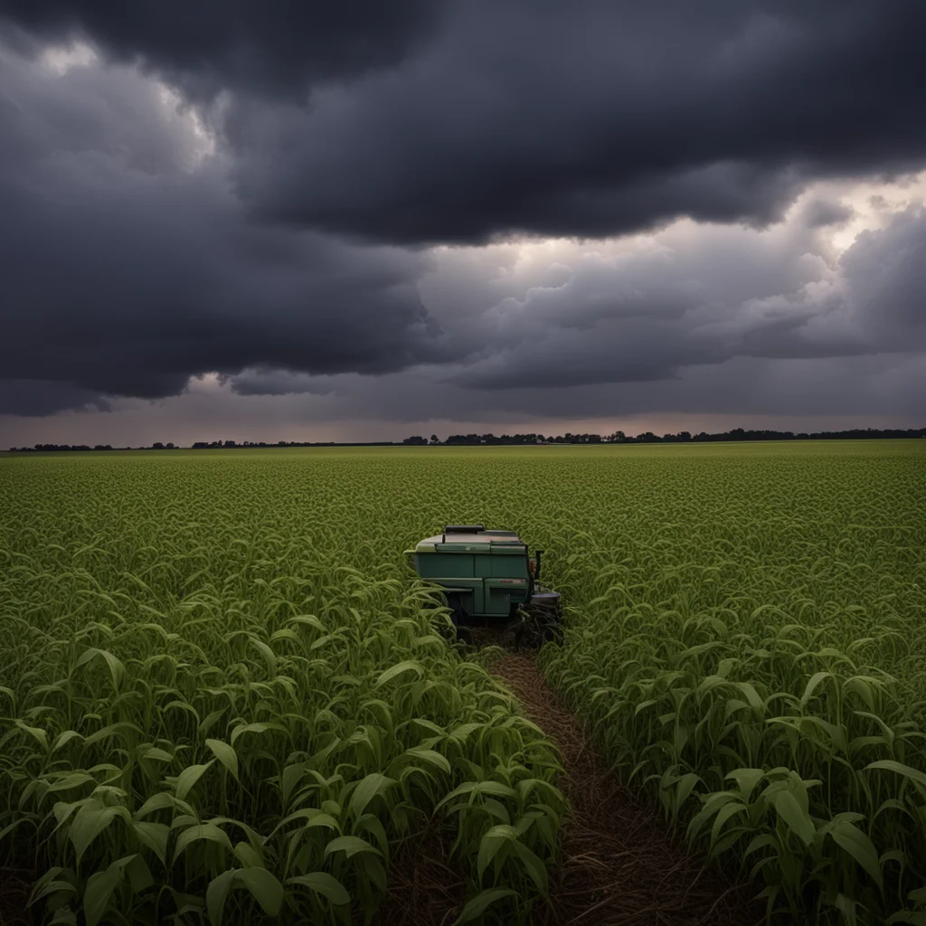 soybean field tractor combine in distance moody small dog contemporary movie poster stormy sky highly detailed dark dusk