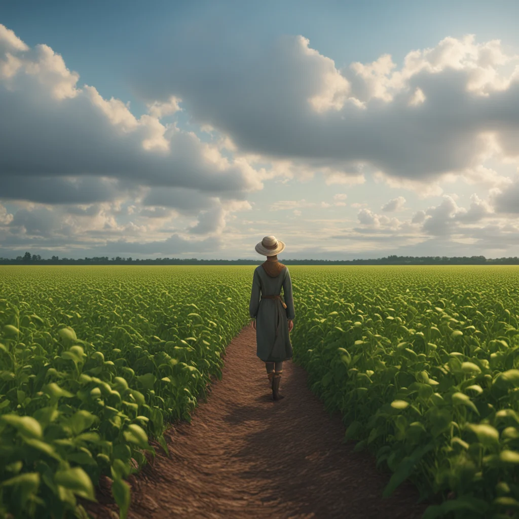 soybean field woman in bonnet stands in distance cgi details concept art landscape epic cinematic atmospheric 4k ar 149