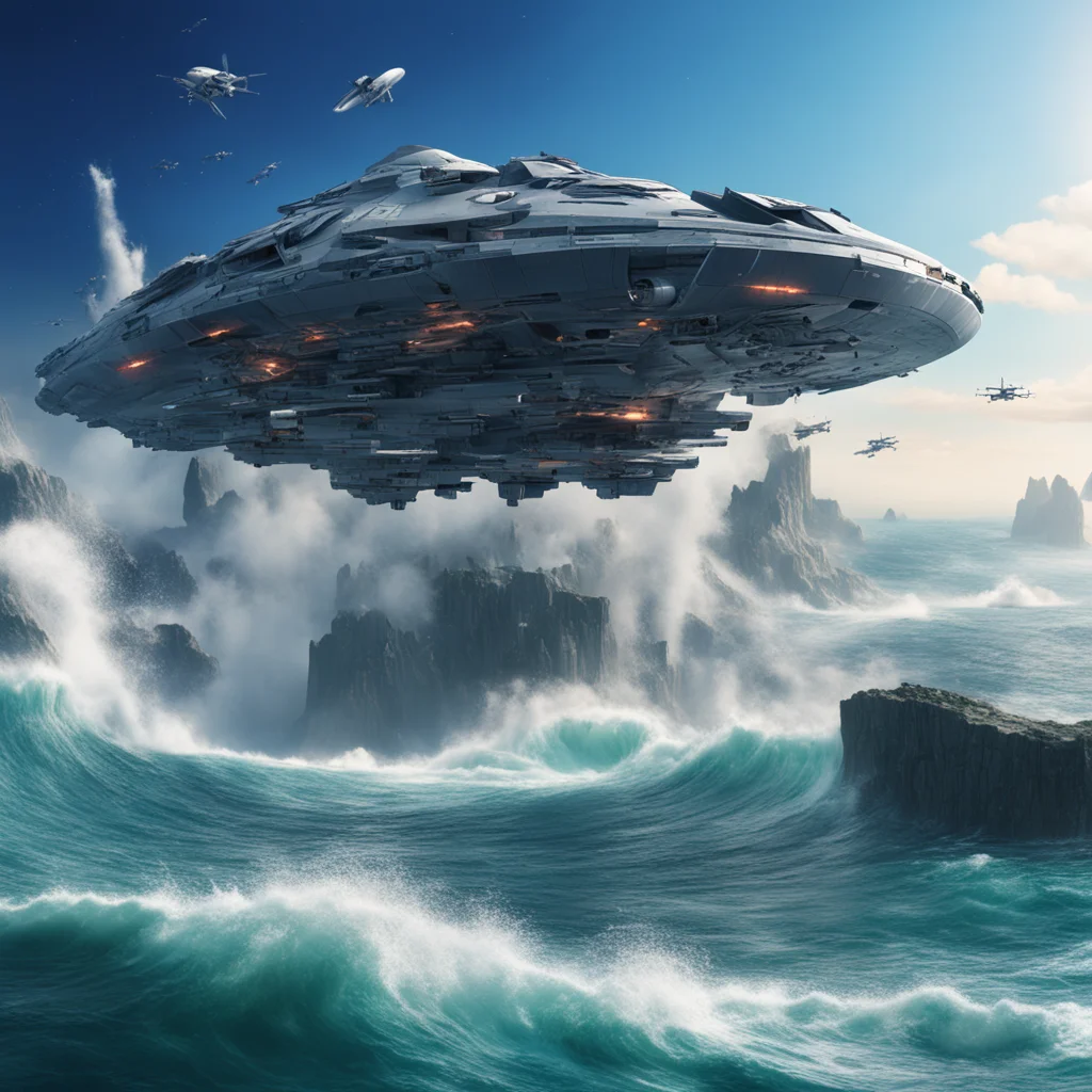 space battleship coming out from ocean yamato small flying drones floating city petra huge dam waterfall tsunami sonic w