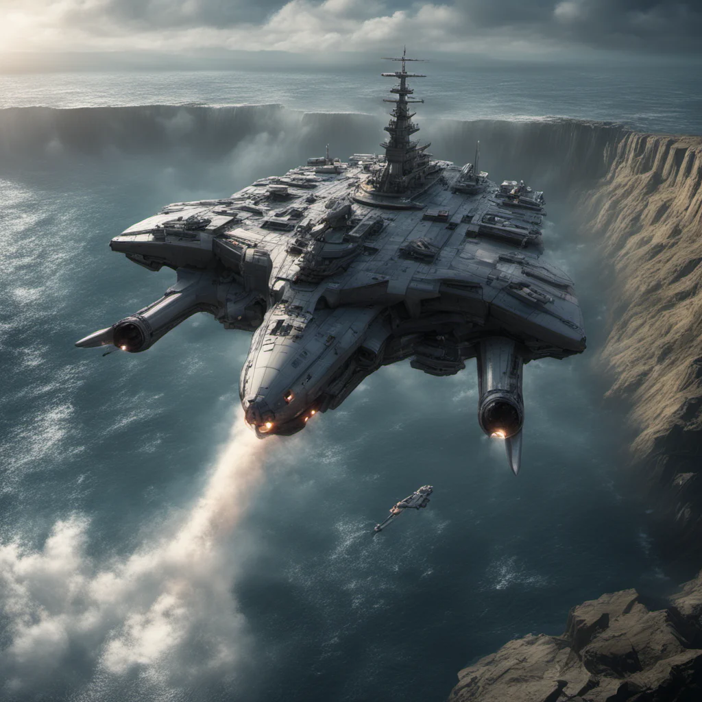 space battleship coming out from ocean yamato small flying drones huge dam waterfall tsunami sonic wave air pressure air dynamic cliff water particle 