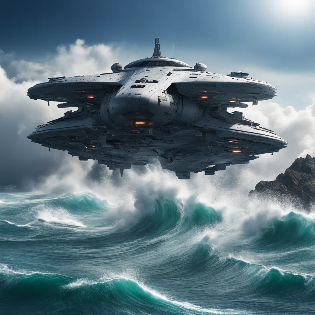 space battleship coming out from ocean yamato small flying drones huge dam waterfall tsunami sonic wave air pressure air