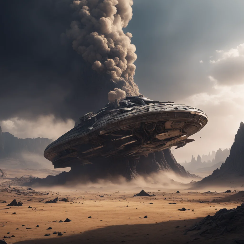 spaceship crashed with black smoke rising from it vast landscape broken monolithic structure broken remants of old temple scattered figures dark mountains