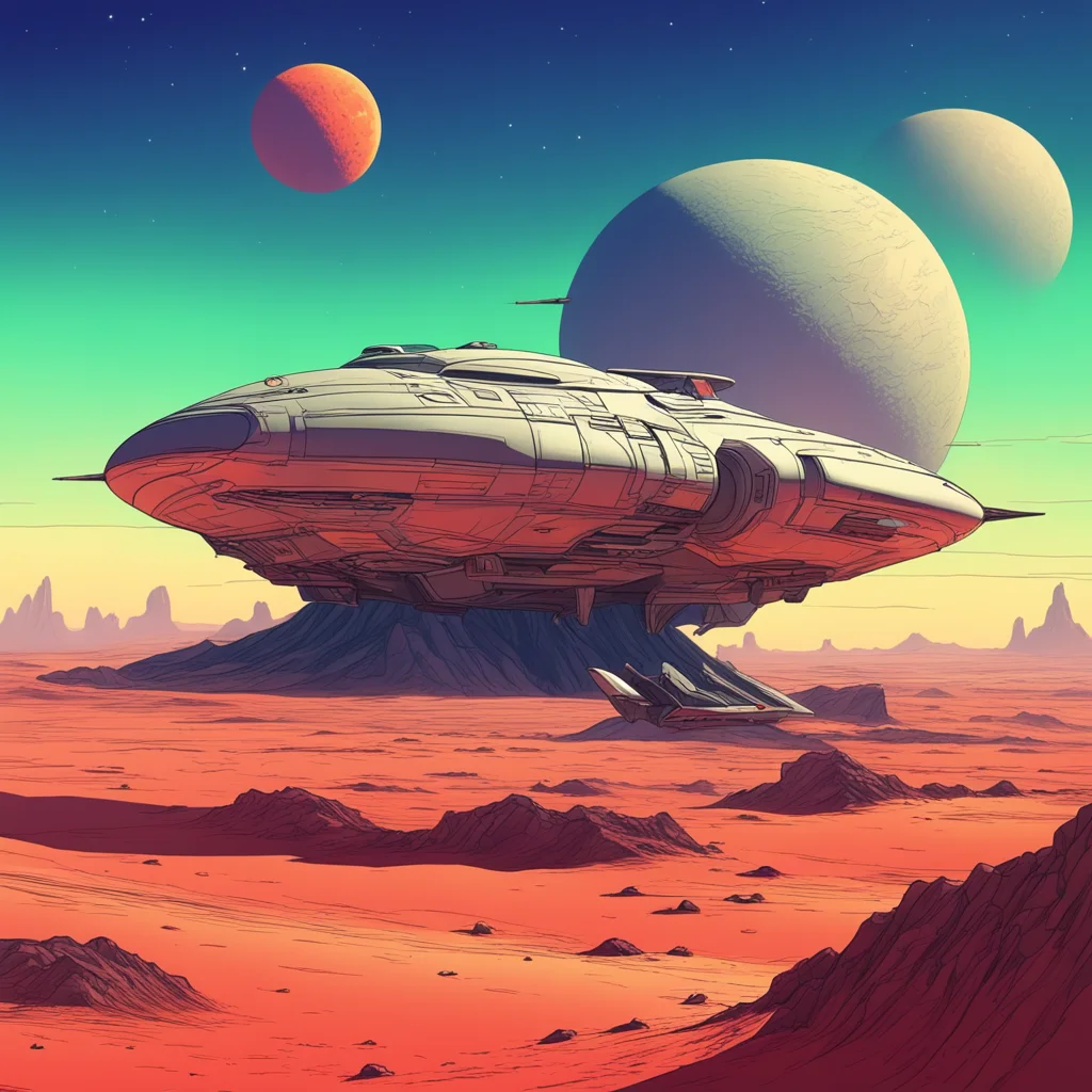 spaceship landing on an exotic planet realistic in the style of Moebius