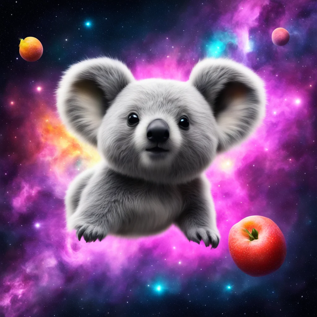 spaceship shaped like a koala flying through a nebula being chased by cosmic fruit