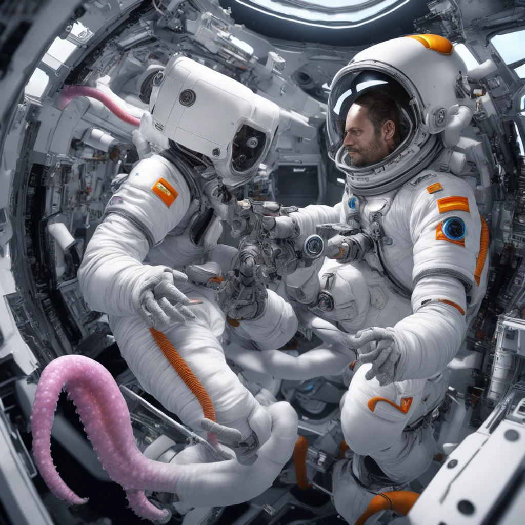 spacesuit wearing octopus creatures repairing modern space station in orbit 8k resolution photorealism w 600