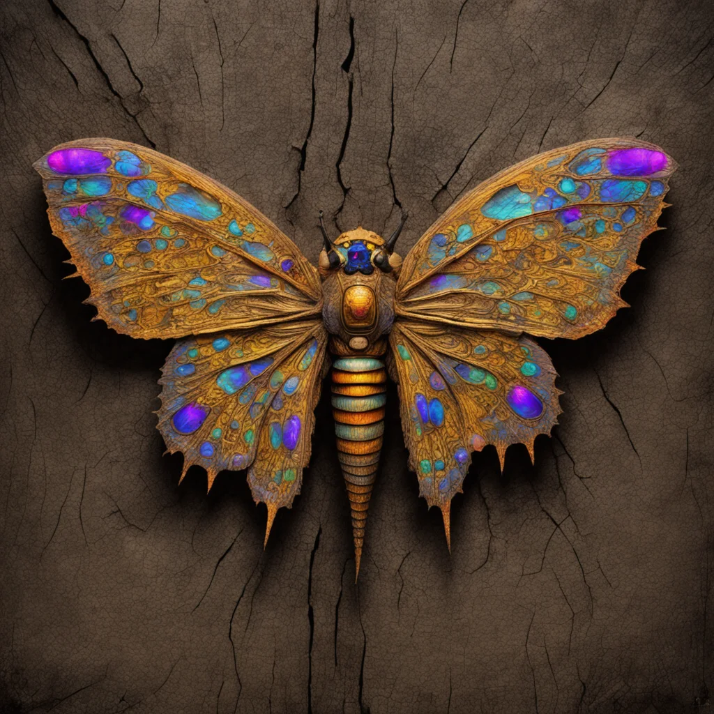 spalted wood moth on bark glowing eyes golden trilobite fossil by Annie Leibovitz5 colorful intricate mandala explosions