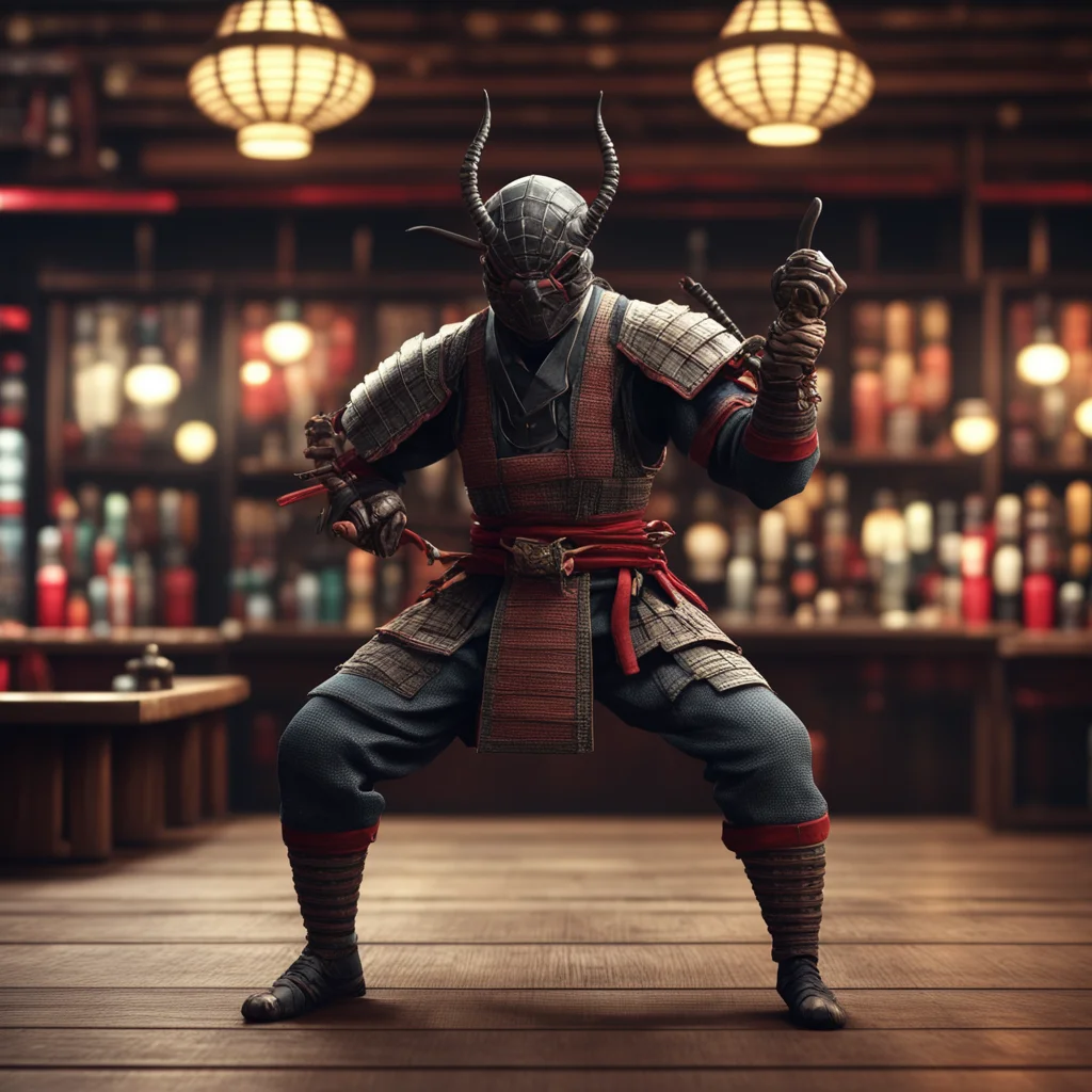 spider samuraibattle pose standing in a traditional japanese bar background El laberinto del fauno style spot lights hig