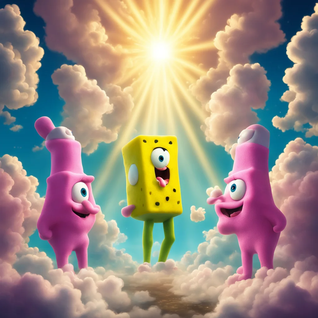 spongebob and patrick staring upwards into heaven as god accepts them at the pearly gates intricate details hyper realis