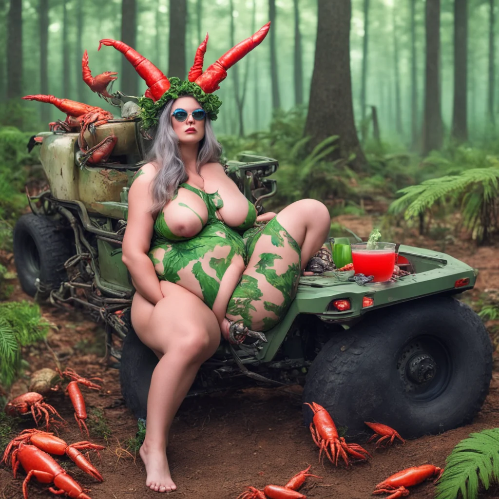 squid headed buxom curvy woman in a camouflage bikini lounging in a creepy forest drinking a margarita full of crayfish 