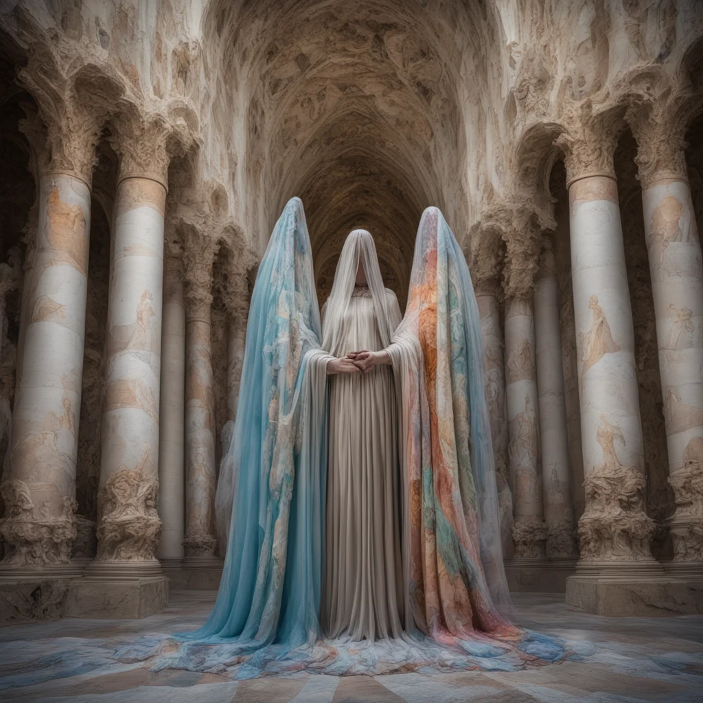 standing figures covered full body veil layers of gossamer colorful fabric pashmina billowing garments skulls praying ca