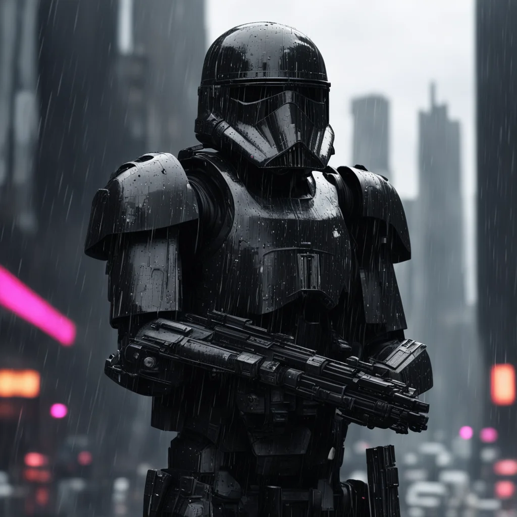 star wars deathtrooper black shiney metal rainy black moody detailed city background sophisticated black dark moody Tsut