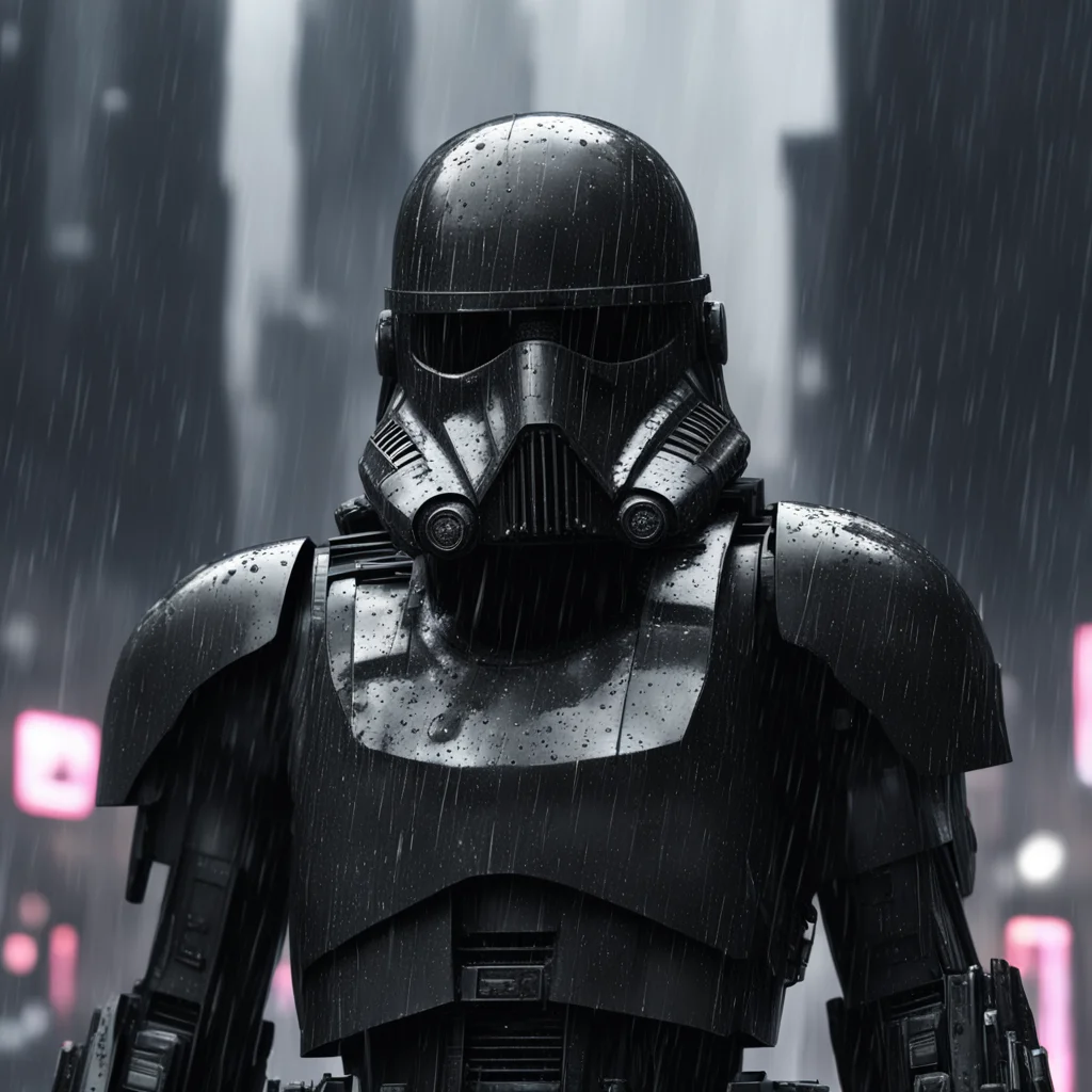 star wars deathtrooper black shiney metal rainy night detailed dystopian city background sophisticated black dark moody 