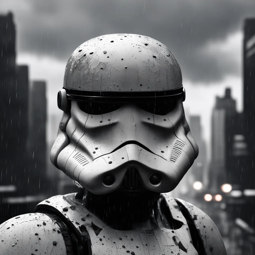 star wars stormtrooper black and white wax carving rainy black moody detailed city background sophisticated black dark m
