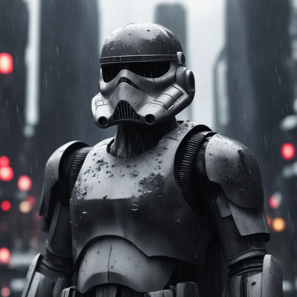 star wars stormtrooper black wax carving rainy black moody detailed city background sophisticated black dark moody Tsuto