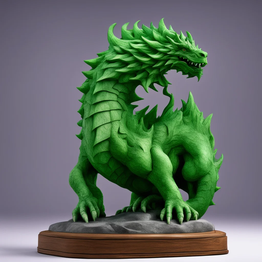 statue carved from green stone on a wooden base175 dog transforming into dragon15 totem inner glow close up wide angle f