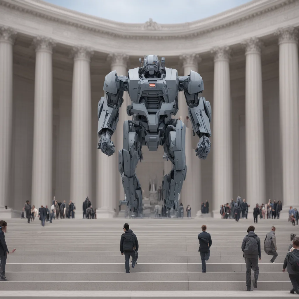 statue of large battle Mecha in foreground wide shot of US Supreme Court a dozen people walking up the steps quiet eveni