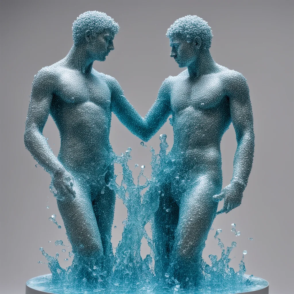 statue of two male made of water crystals intertwined together like water falls