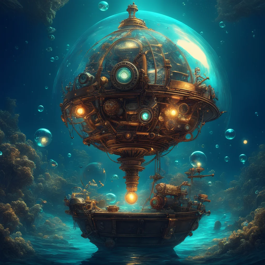steampunk satellite in a small aquarium seawead floating on the top water bubbles sealife around soft illumination magic