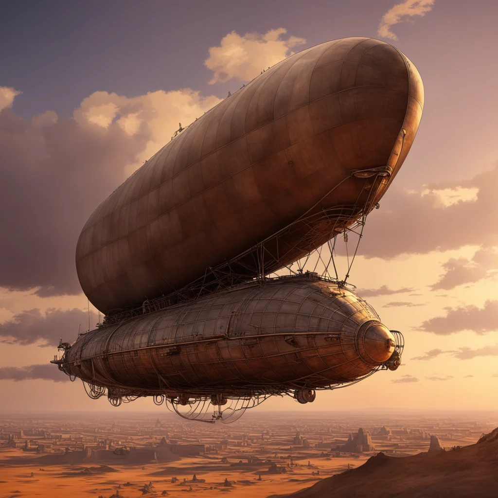 steampunk zeppelin in the sky of Paris desert monochromatic brown sunset hyperrealistic artstation trending