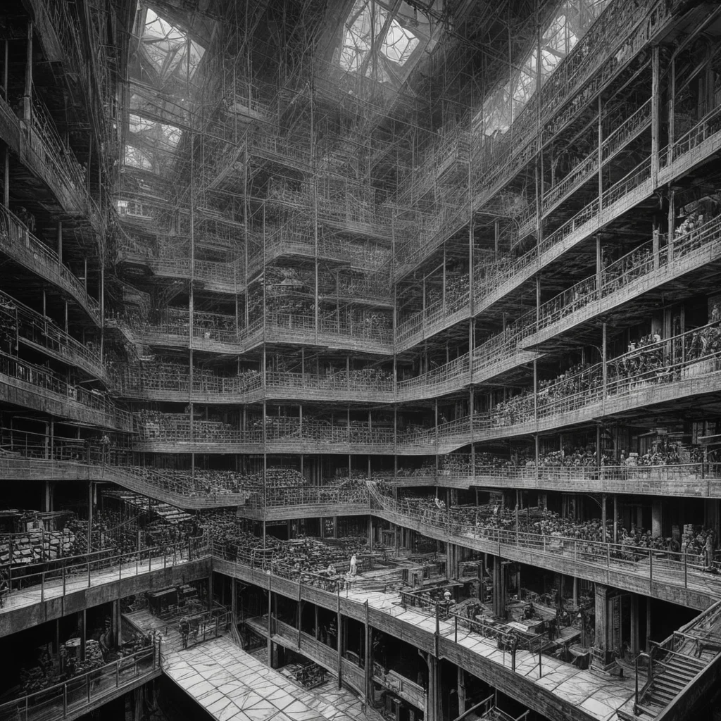 steel factory big hallMaurits Cornelis Escher style dramaticAtmosphere ar 169