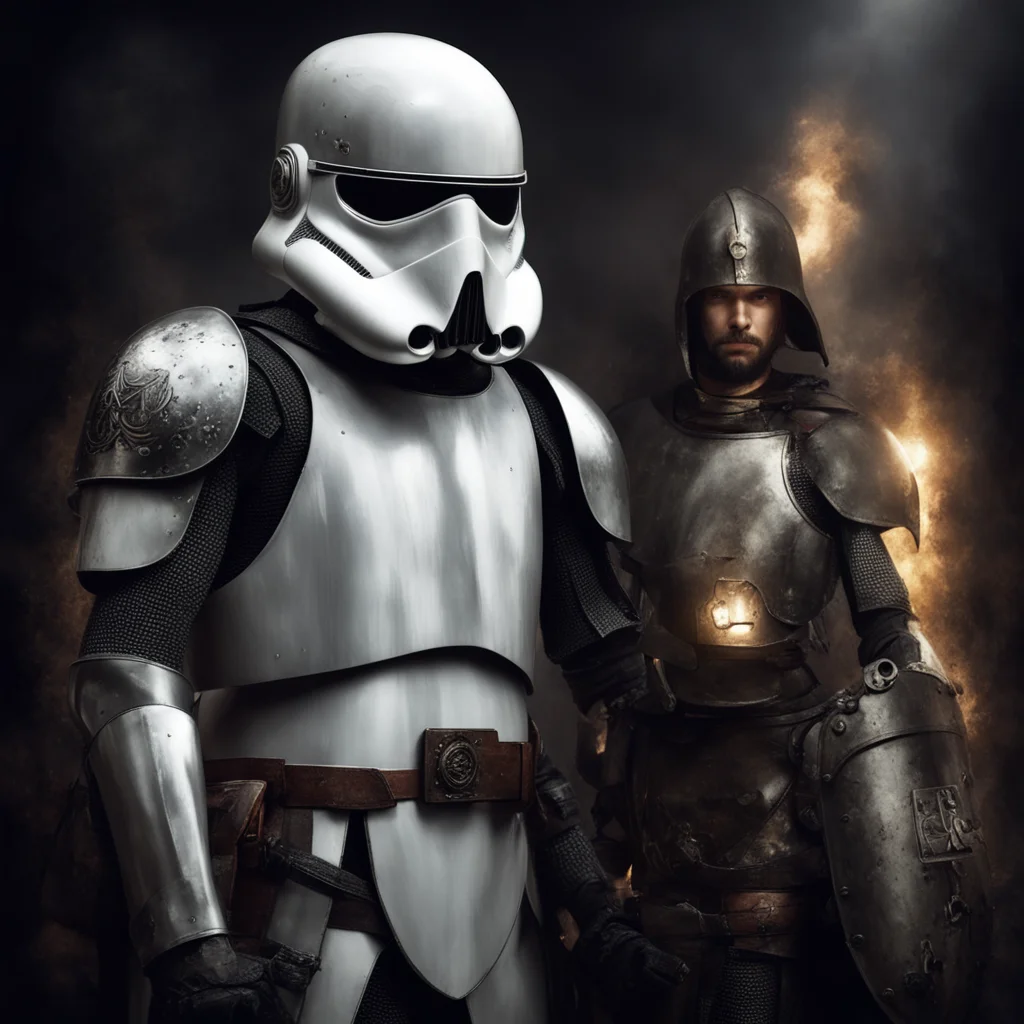 stormtrooper and medieval knight crossover realistic digital art portrait rembrandt style dark evil art style light shin
