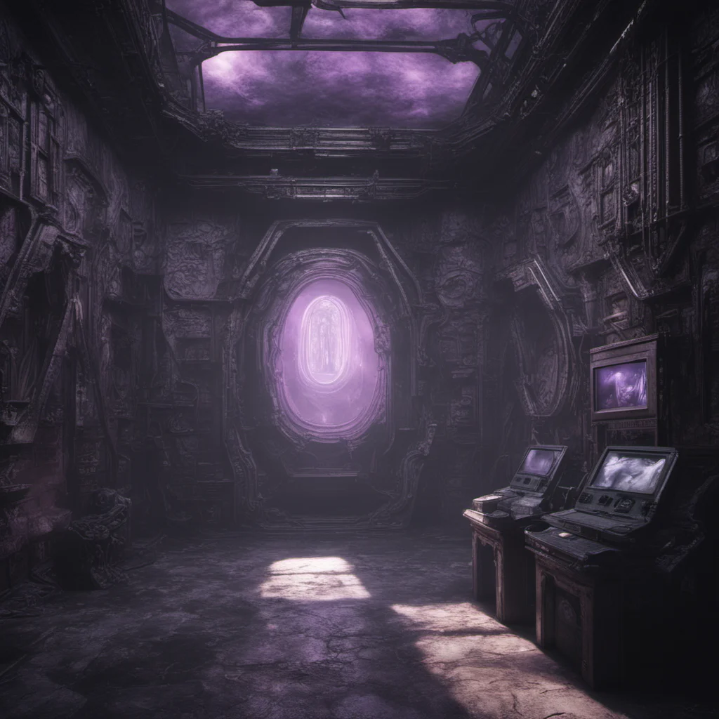 strange alien geometry H R Giger interior computer space made of black Iron stone faded purple hazy light with lightning old rundown ruin looking black bac