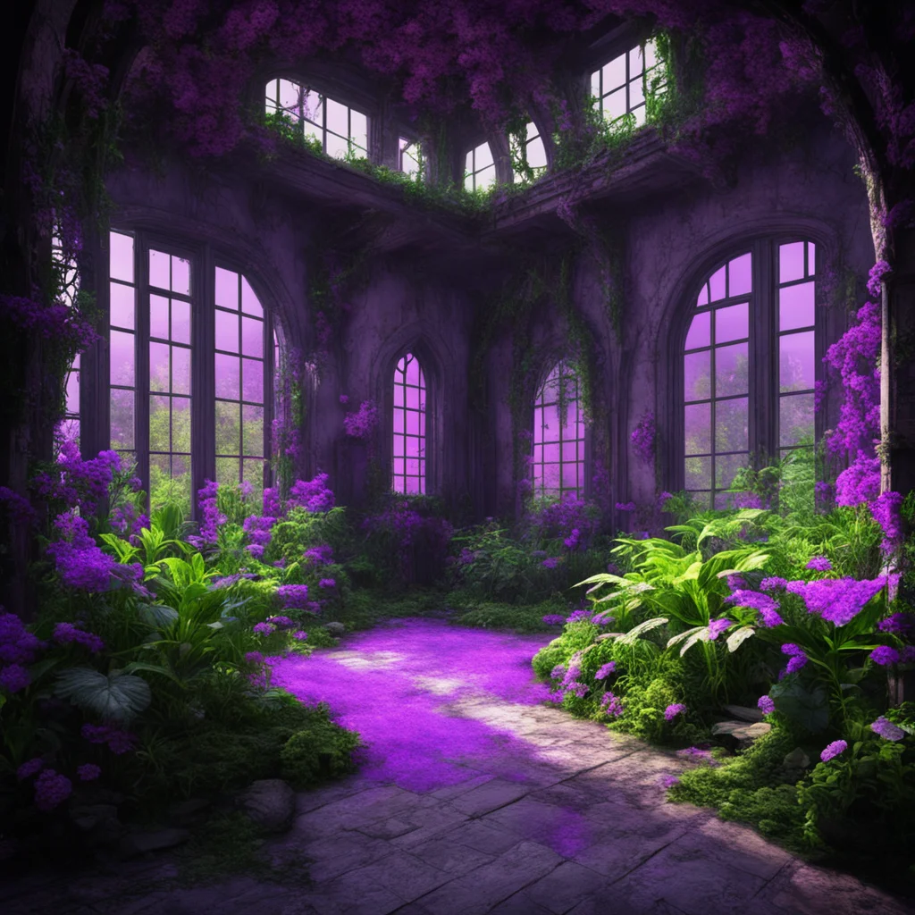 strange alien geometry interior with garden with purple overgrown plants space made of black Iron stone faded purple haz