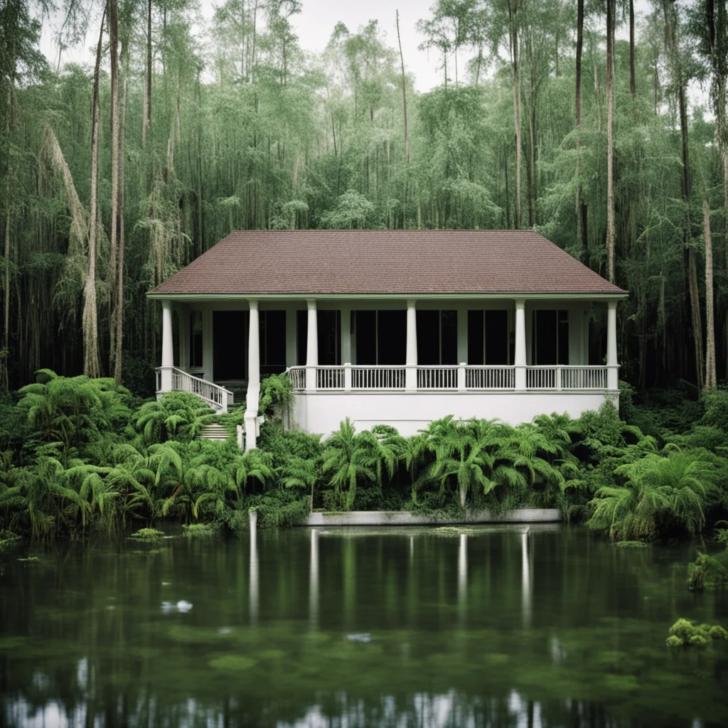 streamline modern southern manor floating on a swamp vines and ferns 35mm photography