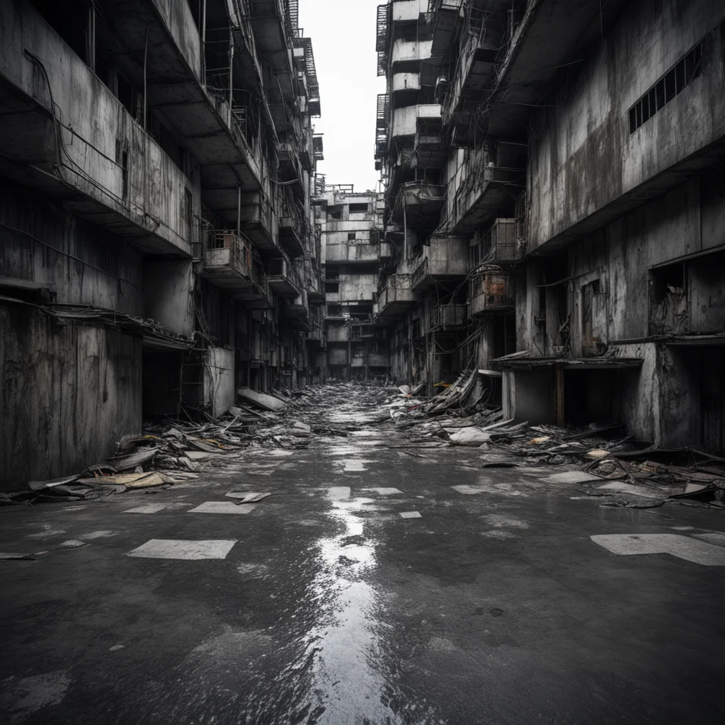 stuck in the middle of kowloon city floor POV dark and gloomy wet concrete broken walls photorealistic aspect 169