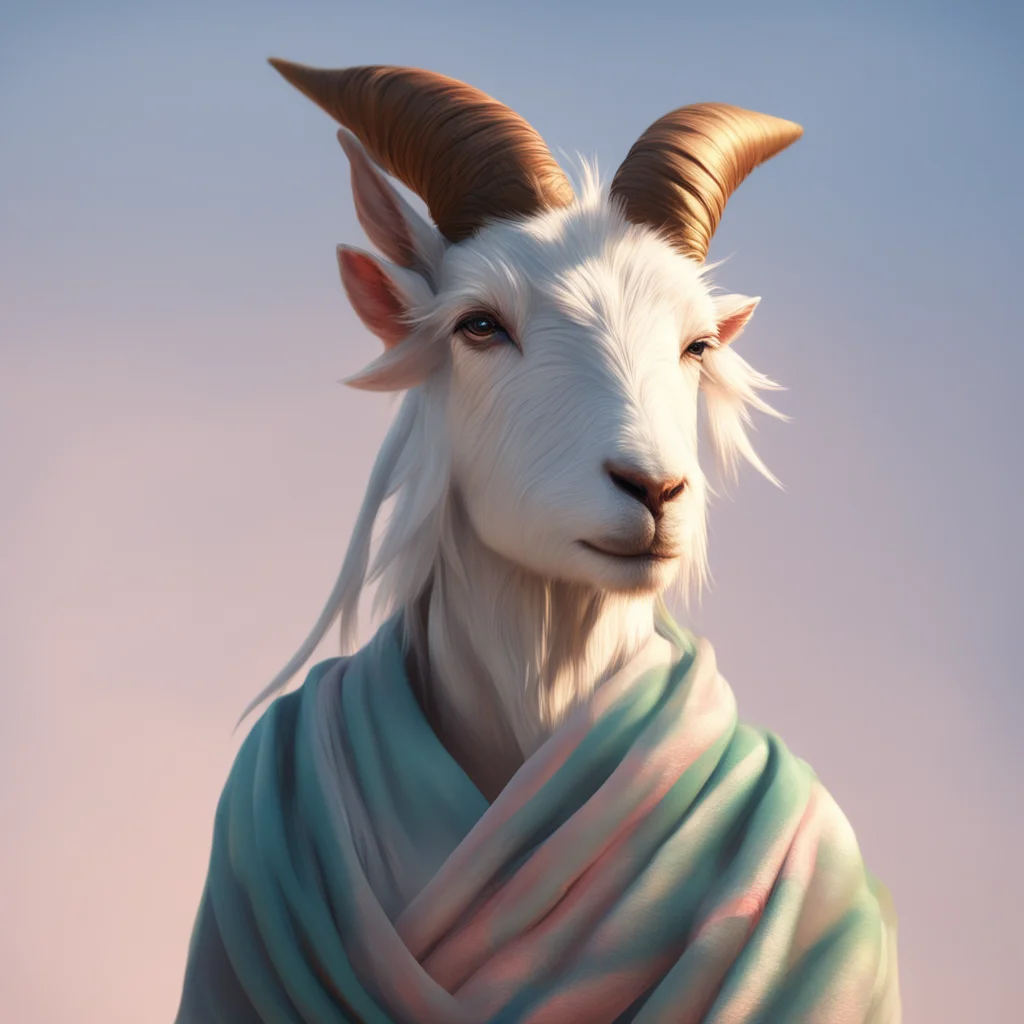 stunning goat head photography of a goat head wrapped in a silk sarong in the wind anime waifu style character clean soft lighting backlit beautiful face 