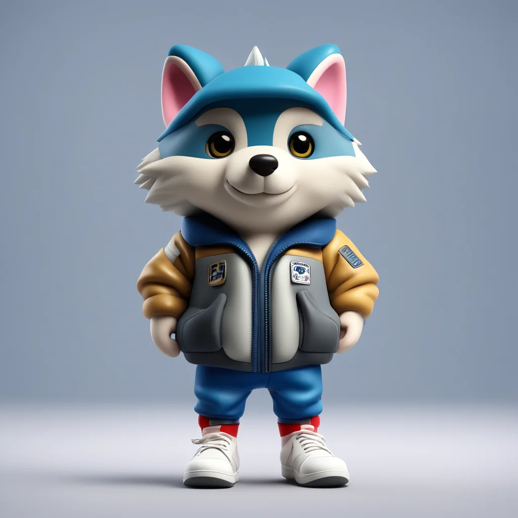 style chibi toy  low poly cute wolf in Baseball jacket and canvas shoes small chubby body long strong arms short legs pl