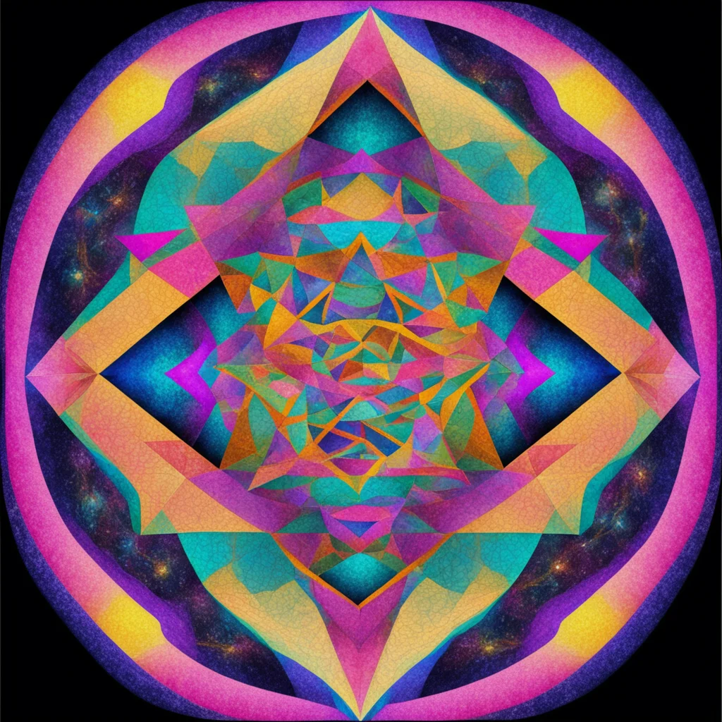 style of escher triangles serious mandala face sacred geometry wisdom floating in the most colorful universe