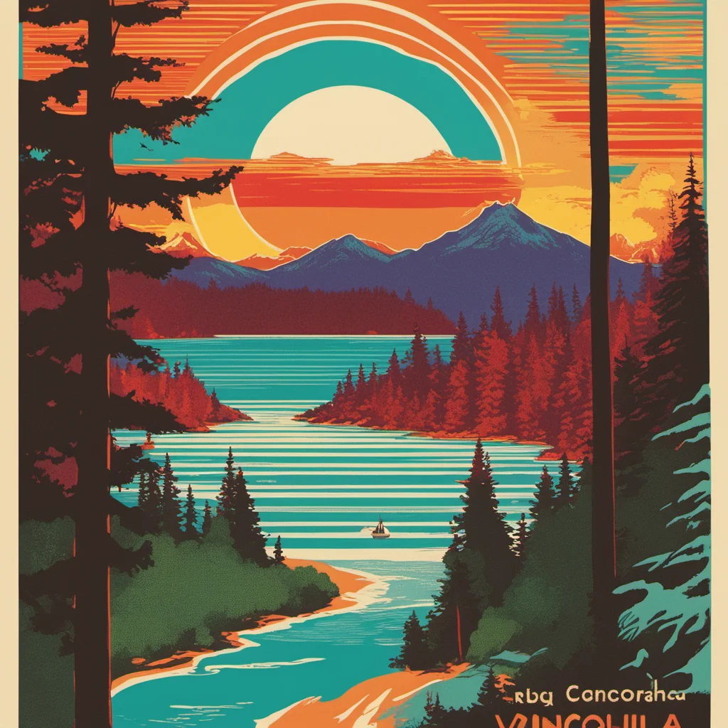 stylised vintage risograph vacation travel poster for Vancouver Island British Columbia Canada cyan and iridescent ocean small waves ruby red glows yellow