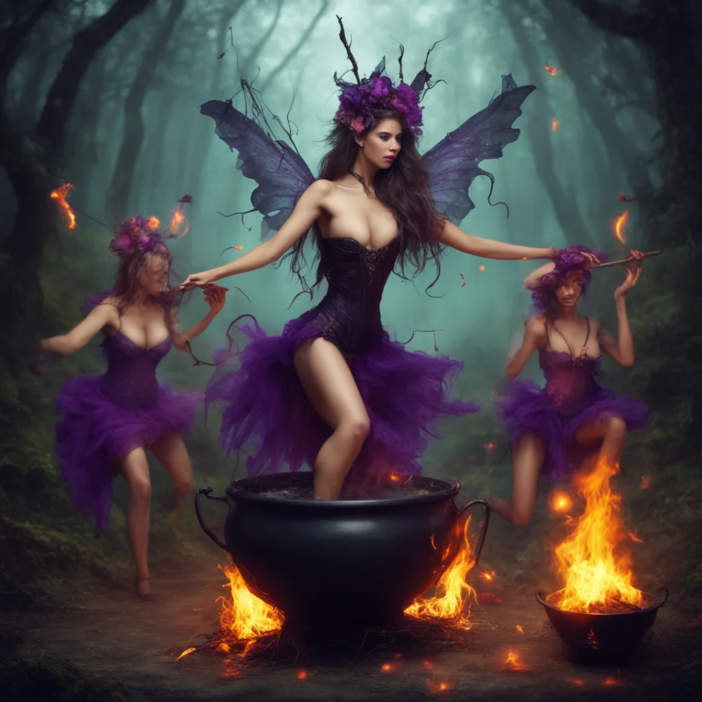 sultry fairy witch women dancing around a cauldron